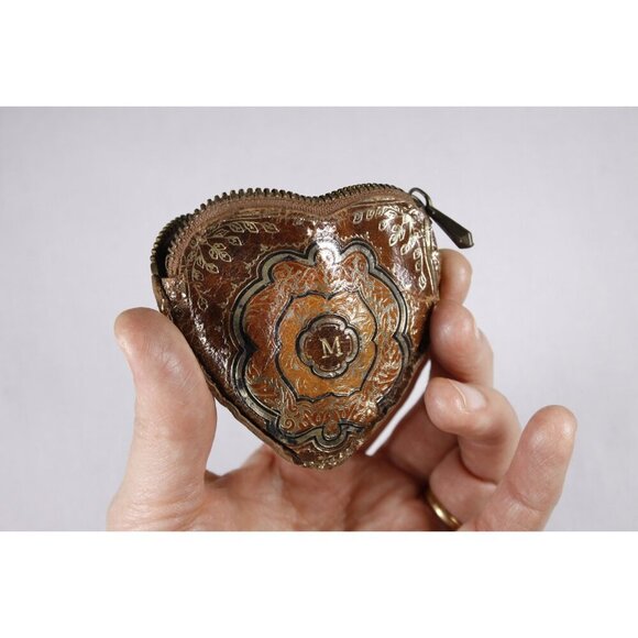 Vintage leather heart shaped coin wallet, Italian tooled leather coin purse, - Picture 4 of 6
